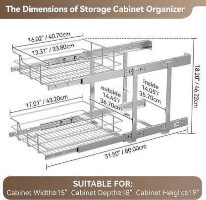 2 Tier Pull Out Cabinet Organizer 11" W X 22" D, Slide Out Drawers For Kitchen Cabinets, Pull Out Drawers For Cabinets Capacity Heavy Duty Caddy, Cabinet Pullout Shelves Chrome-Plated, Bathroom Pantry