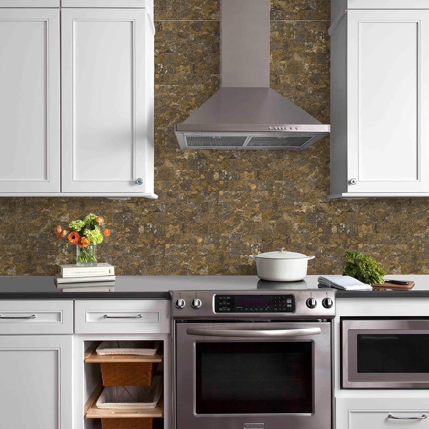 Vamos Tile 100-Piece Glossy Dolomite White Peel and Stick Backsplash Tile,3''x6'' PVC Subway Tile with White Grout, Stick on Backsplash for Kitchen/Bathroom/Fireplace