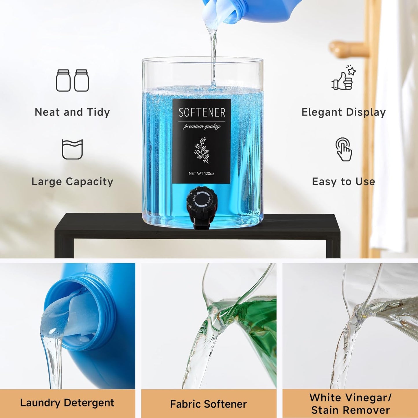 Glass Laundry Detergent Dispenser with Shelf & Bamboo Lid - 120 Oz Liquid Detergent, Laundry Soap & Fabric Softener Dispenser for Laundry Room Organization and Storage with 2 Cups & 8 Labels
