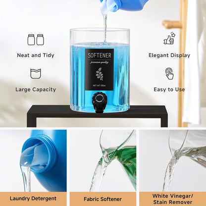 Glass Laundry Detergent Dispenser with Shelf & Bamboo Lid - 120 Oz Liquid Detergent, Laundry Soap & Fabric Softener Dispenser for Laundry Room Organization and Storage with 2 Cups & 8 Labels
