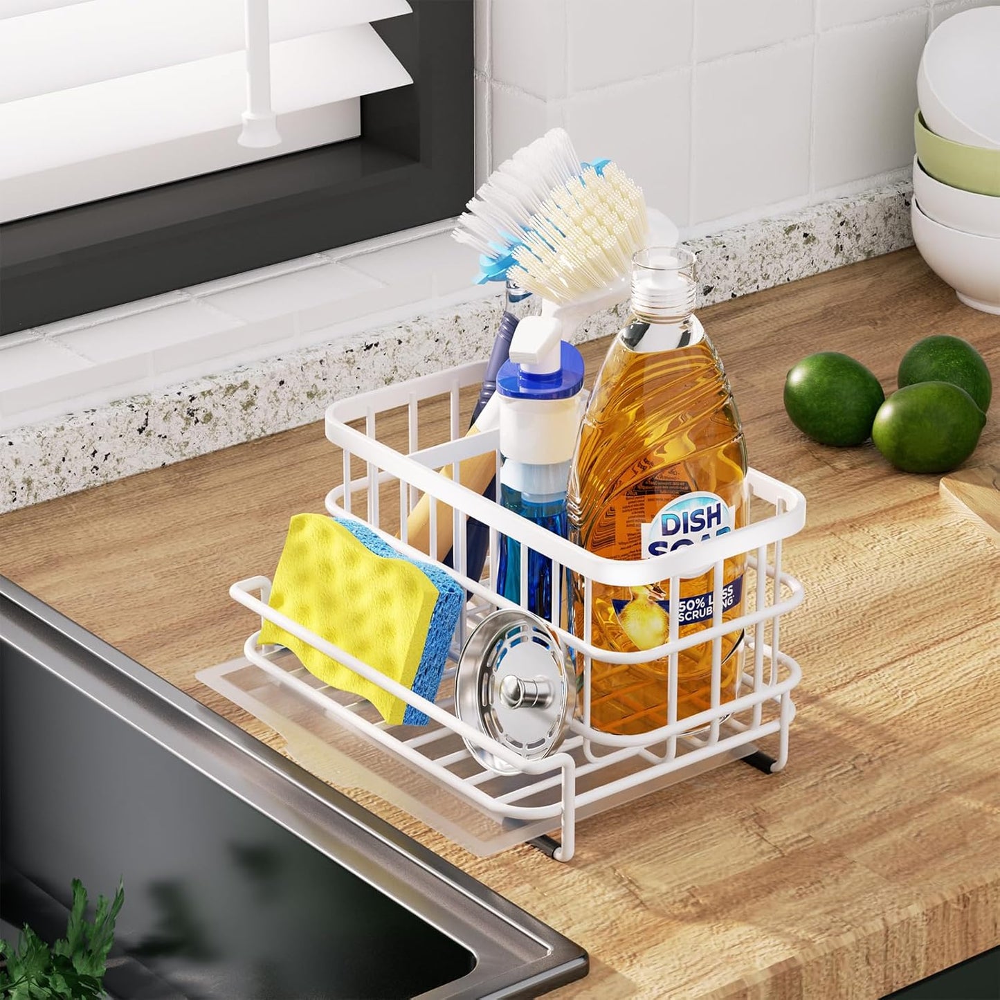 HapiRm Kitchen Sink Organizer, SUS304 Stainless Steel Rustproof Multifunctional Large Sink Caddy with Sponge Holder and Drain Tray for Kitchen Countertop (Silver)