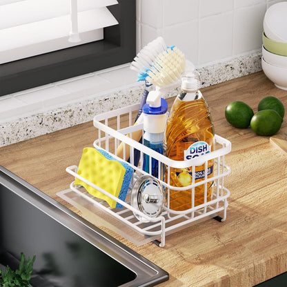HapiRm Kitchen Sink Organizer, SUS304 Stainless Steel Rustproof Multifunctional Large Sink Caddy with Sponge Holder and Drain Tray for Kitchen Countertop (Silver)