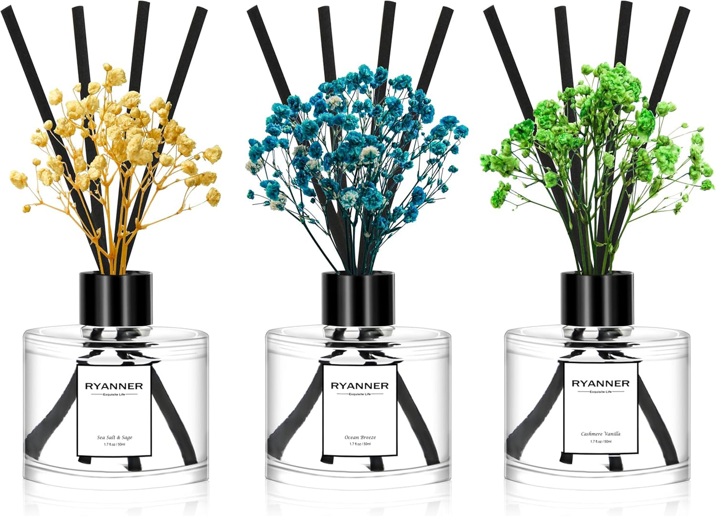 Reed Diffuser Set of 3 Pack,Lavender Eucalyptus/White Jasmine/Lemongrass Scented Oil Diffuser with 24 Sticks(1.7 fl oz Each Pack),Air Freshener for Bedroom Bathroom Office | Shelf Decor