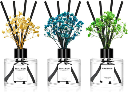 Reed Diffuser Set of 3 Pack,Lavender Eucalyptus/White Jasmine/Lemongrass Scented Oil Diffuser with 24 Sticks(1.7 fl oz Each Pack),Air Freshener for Bedroom Bathroom Office | Shelf Decor