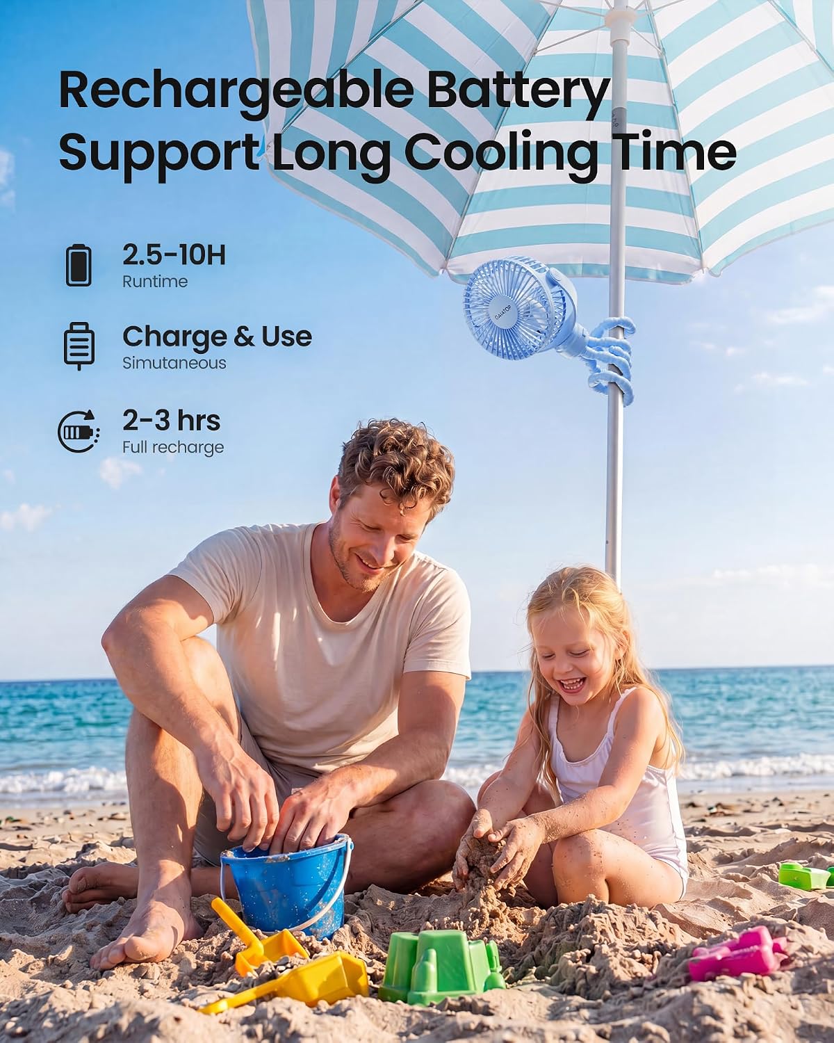 Gaiatop Mini Portable Stroller Fan, Battery Operated Small Clip on, Detachable 3 Speed Rechargeable, 360° Rotate Flexible Tripod Better Cooling for Car Seat Crib Treadmill Travel Black