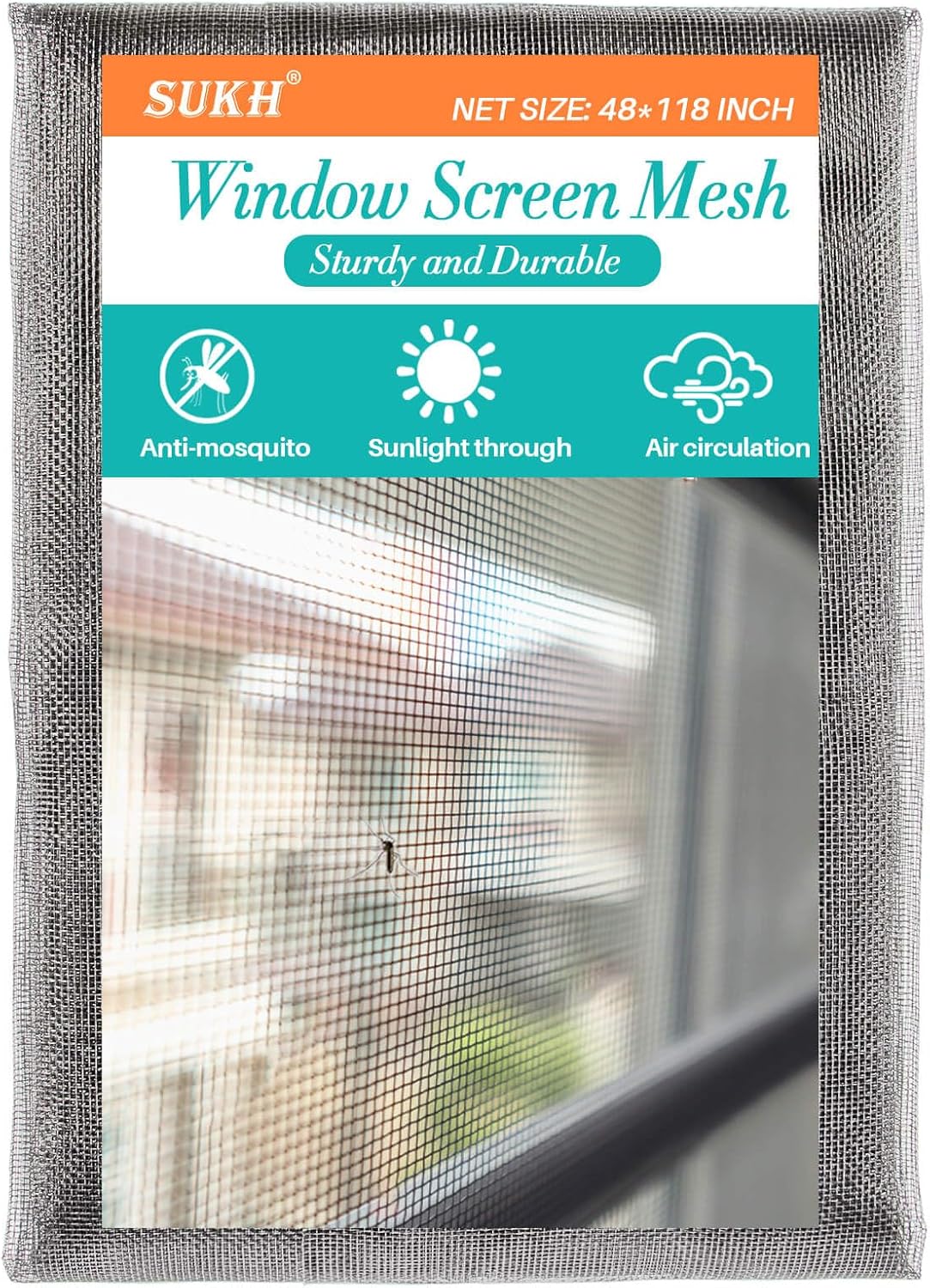 Sukh 48"x118" Window Screen Mesh - Window Screen Replacement Fiberglass Porch Screen for House Window Patio Netting Repair Mosquitero para Puertas De Casa Pet Proof Screen Door Replacement Mesh（Grey）