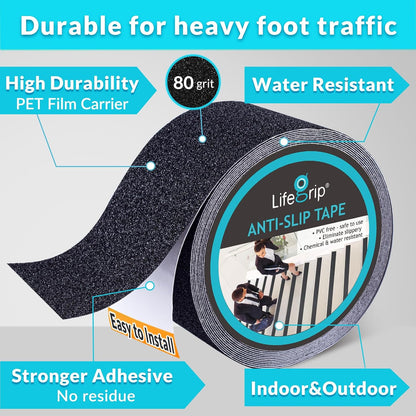 Lifegrip Anti Slip Tape, 4 Inch x 15 Foot Non-Slip Traction Grip Tape for Stairs, Waterproof Stair Treads Grip Non Slip, Non Skid Tape for Steps, Outdoor Black Grip Tape (4" X 15')