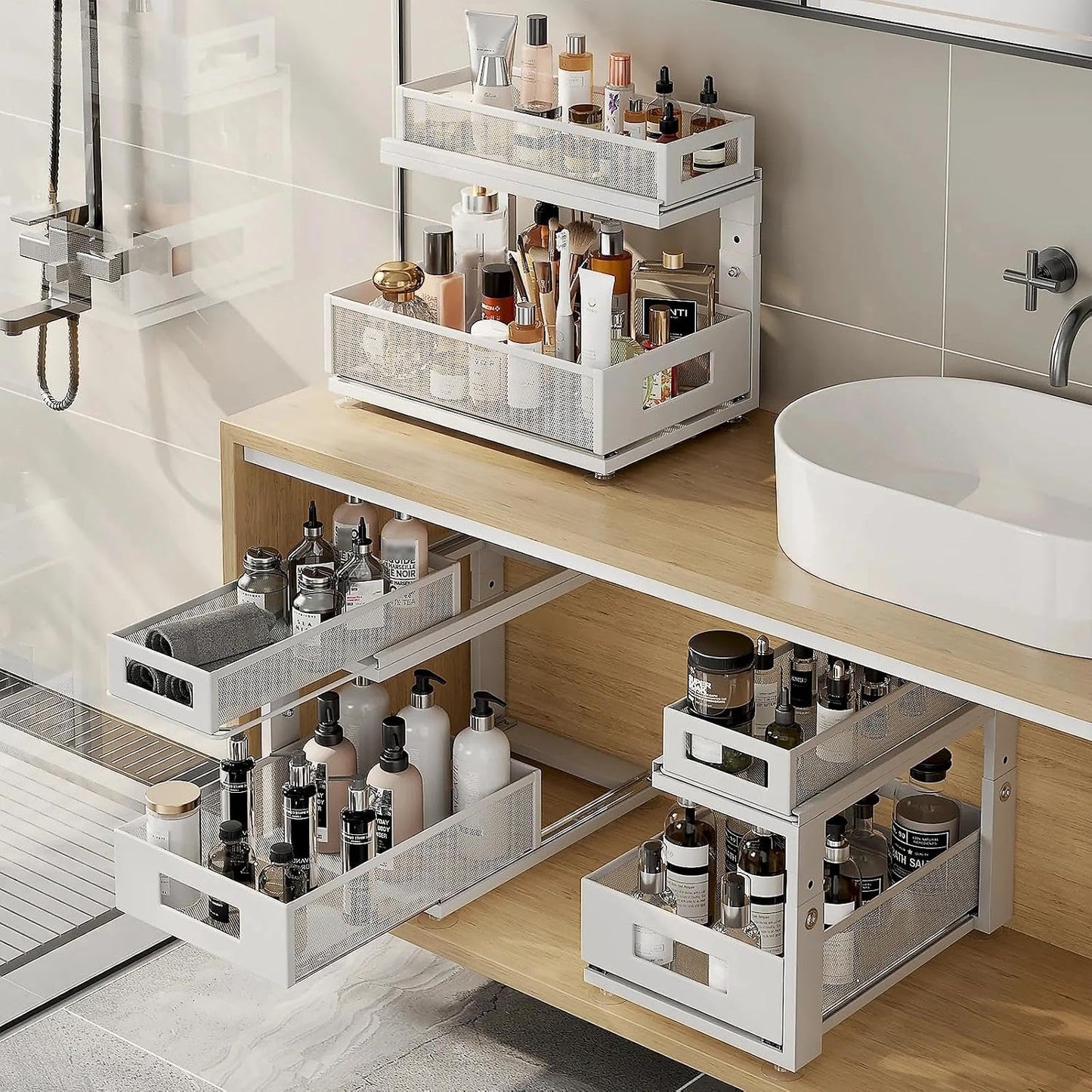 2 Pack Under Sink Organizer with Next-Gen Ball-Bearing Slides,2-Tier Pull Out Cabinet Storage,Height Adjustable Drawer Shelf for Bathroom,Kitchen,Laundry,Cabinet,Pantry(Patent Pending)
