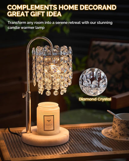 Candle Warmer Lamp with Timer Dimmer Adjustable Height Candle Warmer with Marble Base for Jar Candles, Crystal Candle Lamp with 3 Bulbs for New Home Decor, Women Mom Christmas Birthday Gifts, Silver