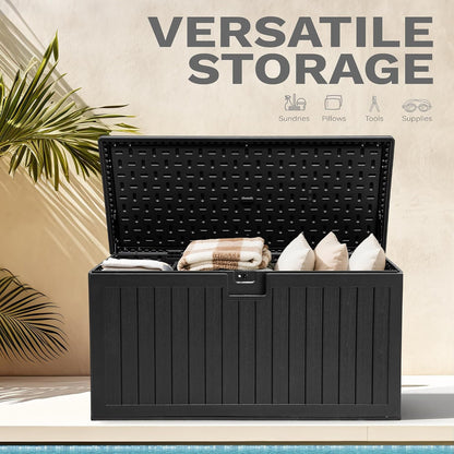 DWVO 100 Gallon Outdoor Storage Box, Large Deck Box Lockable Waterproof and UV Resistant Resin for Gardening Tools, Pool Supplies, Patio Cushions (Black)