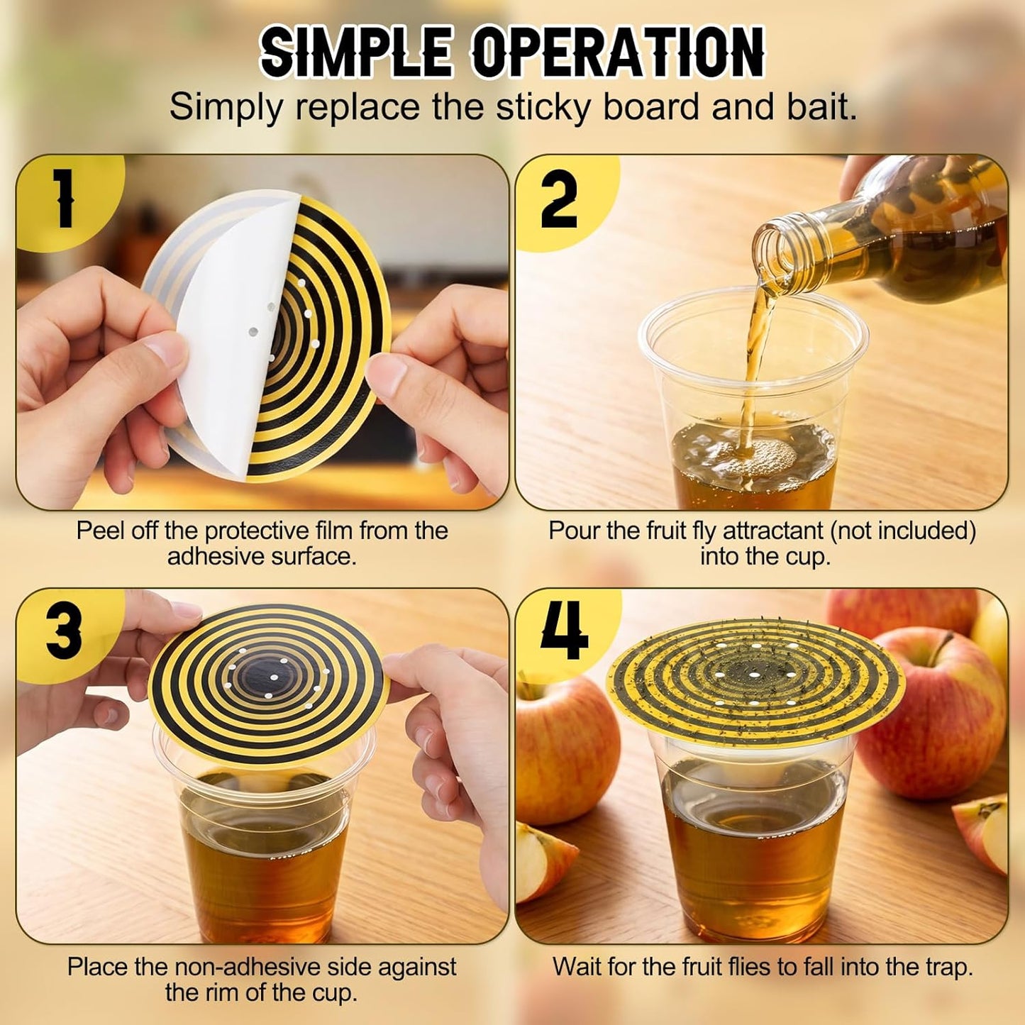 100 Pack Fruit Fly Trap Covers, Single-Sided Sticky Paper Lids, 8 Vent Holes for Vinegar/Wine Bait, Fits Cups & Jars for Indoor Kitchen & Pantry Gnat Control (Round,Yellow)