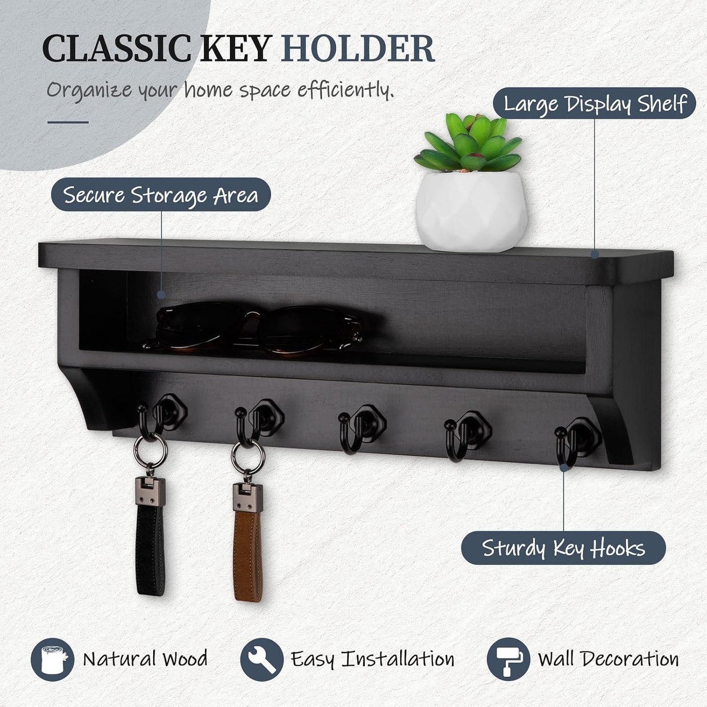 Nekon Key Holder Wall Mount, Wall Organizer Shelf with 5 Key Hooks, Room Decor for Home and Apartment Essentials, White