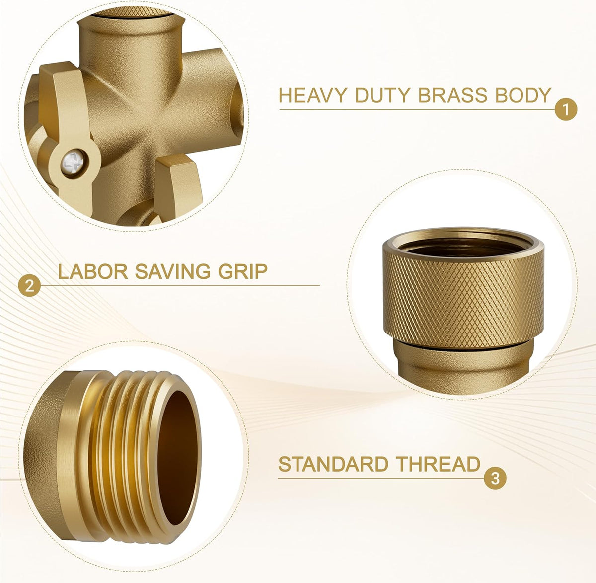 Hose Splitter Solid Brass 3 Way + Type Outdoor Faucet and Water Spigot Connector with Shut-Off Valves, 4 Extra Silicone Washers Included
