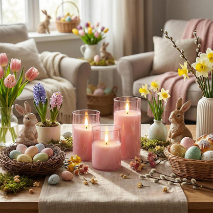 Homemory Green Glass Flameless Candles, Battery Operated LED Pillar Candles with Remote Control and Timer, Radiance Candles, Real Wax, Set of 3,D3 xH4 5" 6"