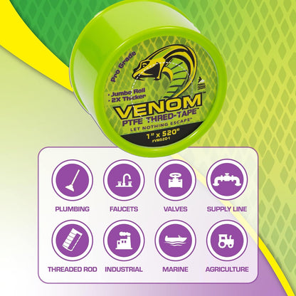 Venom Pro-Grade PTFE Thread Tape, 1/2" x 520" Roll – Professional-Grade, 99.9% Pure, 2X Thicker, No Dyes, UL-Approved for Plumbing, Potable Water, Food Grade, and Oxygen Systems