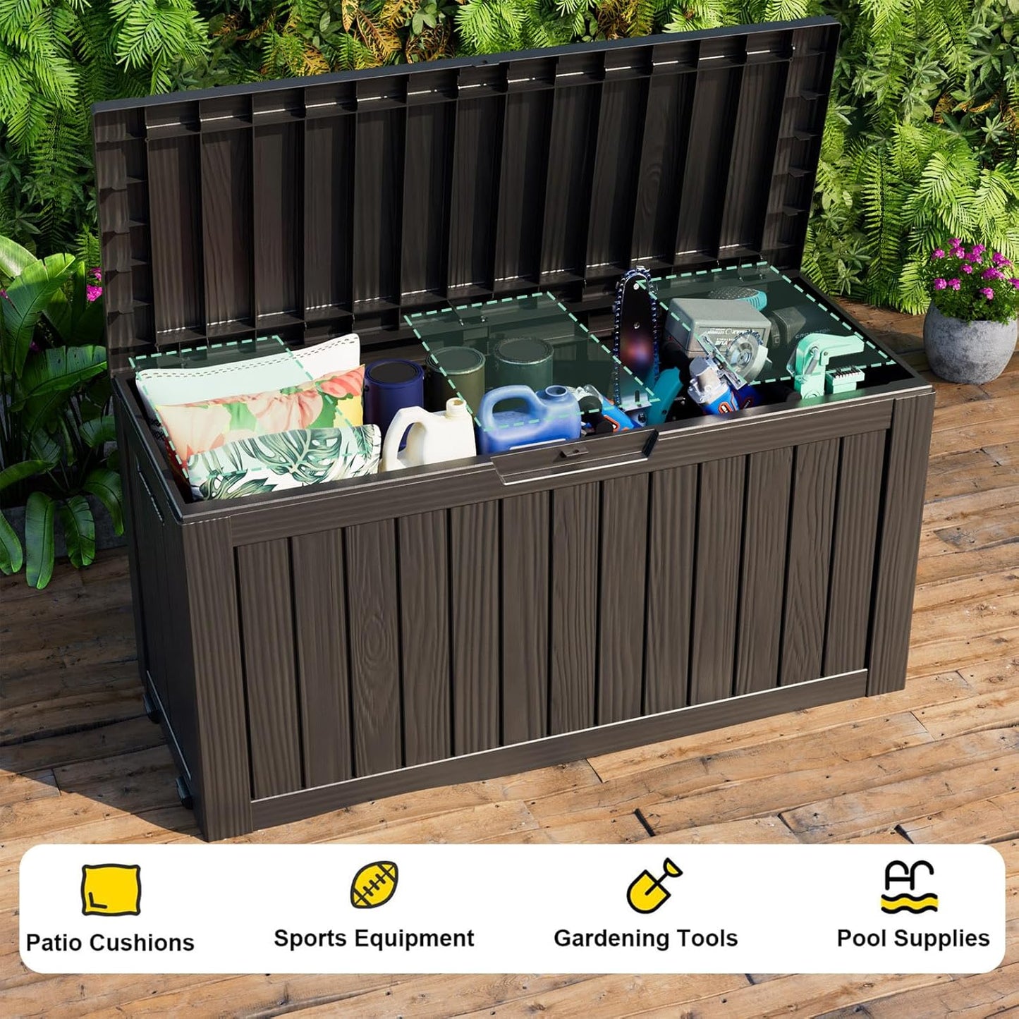 ROJIK 340 Gallon Deck Box Outdoor Waterproof,Weatherproof Outdoor Storage Boxes Lockable with Lid,Outside Resin Storage Bench for Patio Cushions,Garden Tools and Pool Accessories(Black)