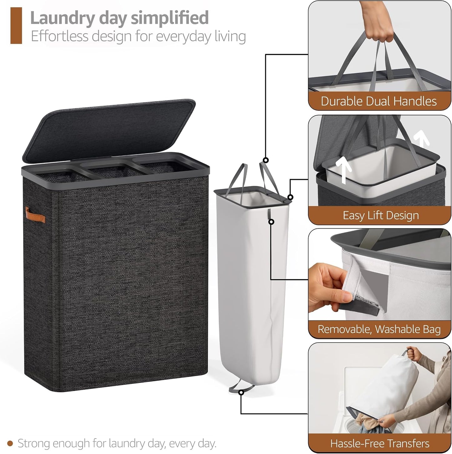 Sorbus Laundry Hamper with Lid - Collapsible 3-Compartment Fabric Laundry Basket with Handles and Removable Laundry Bag – 50 Gallon (190 L) Dirty Clothes Hamper for Bedroom, bathroom and dorm (Beige)