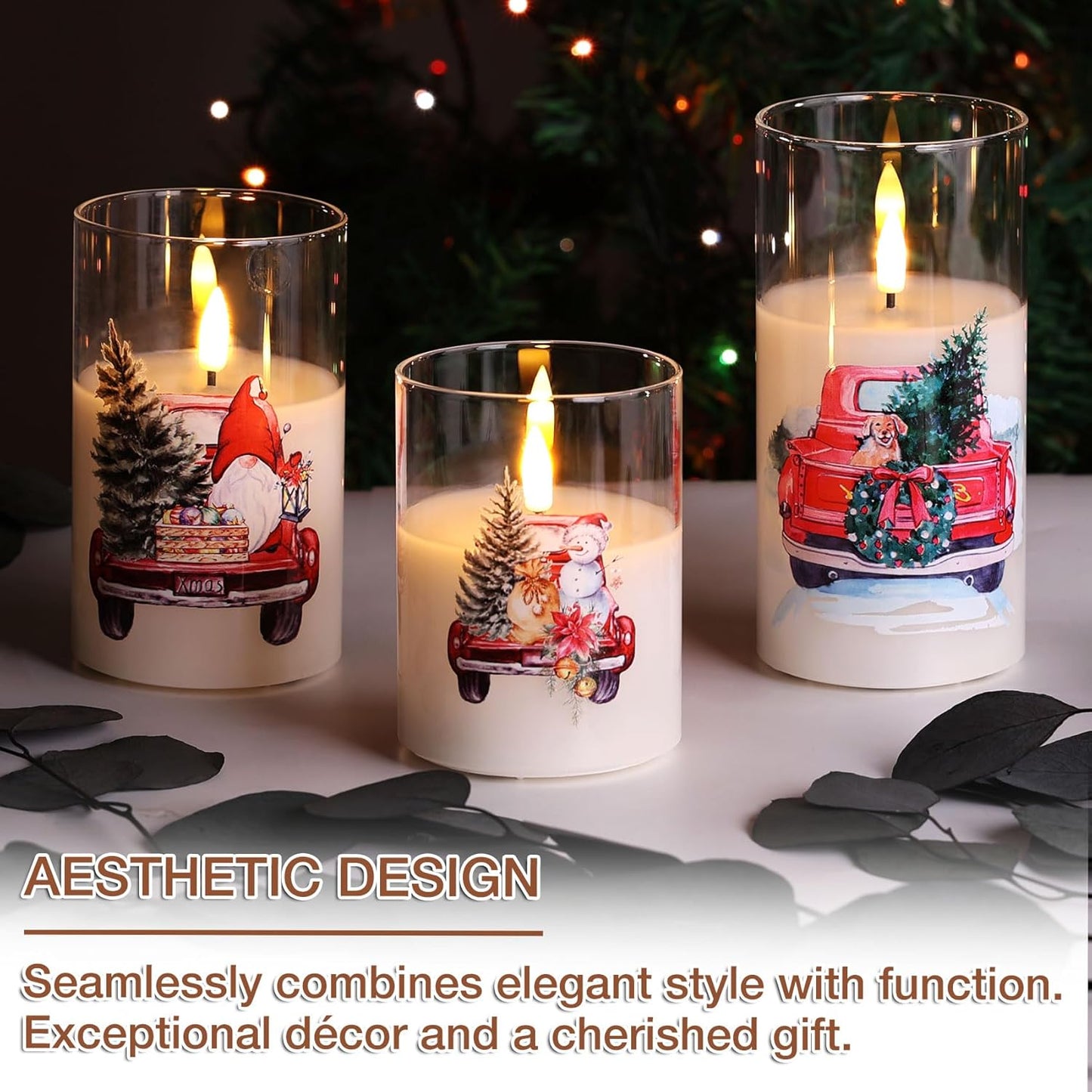 Eywamage Gold Glass Flameless Pillar Candles with Remote, Flickering Christmas LED Candles Battery Operated Set of 3