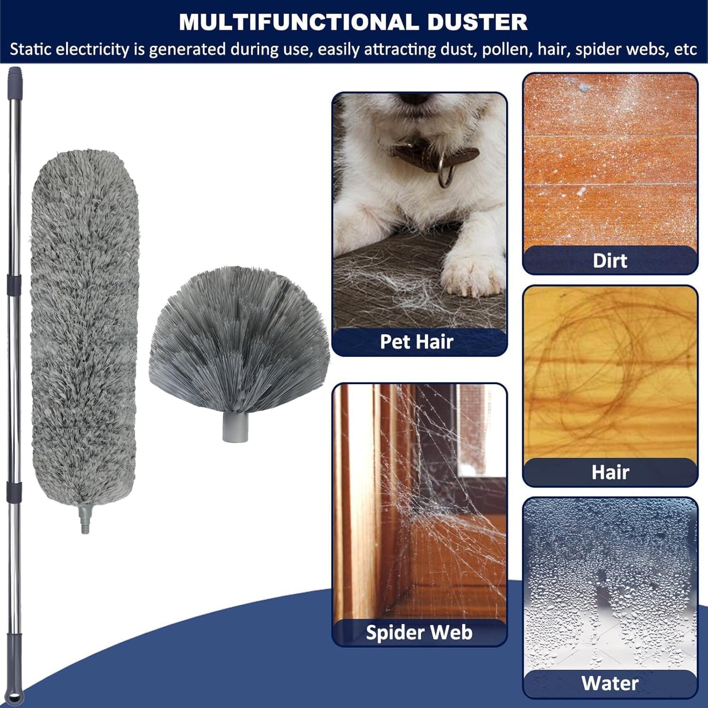 20 Ft+ High Reach Cobweb Dusting Kit with 3-14 Ft Extension Pole/Spider Web Brush & Ceiling Duster Microfiber Feather Duster with Washable Head for Cleaning Ceiling Fan, Furniture, Home