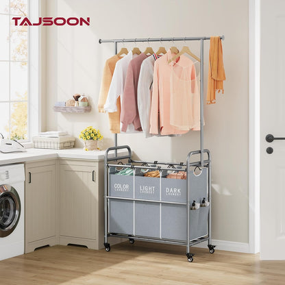 Tajsoon Laundry Hamper with Hanging Rack, 3 Section Laundry Sorter with Heavy Duty Lockable Wheels, Laundry Basket Organizer for Dirty Clothes Storage, 3 Beige