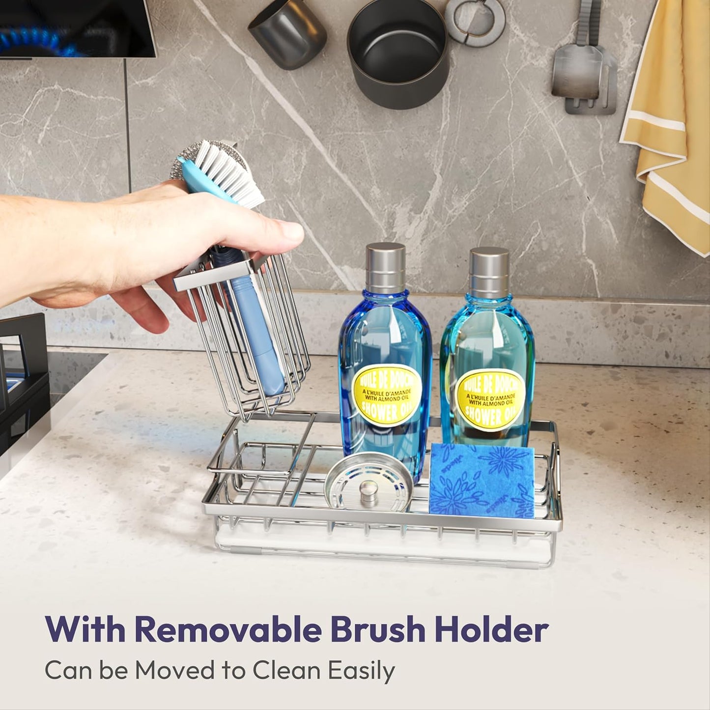 SWTYMIKI Sink Caddy Sponge Holder - Kitchen Sink Organizer with High Brush Holder for Countertop to Hold Dish Soaps and Sponges, Stainless Steel, Black