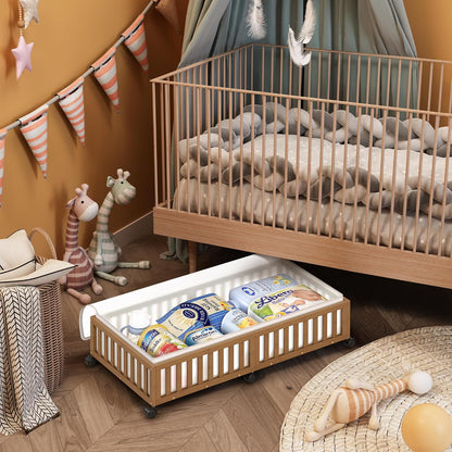 Bamboo Under Bed Storage Containers with Wheels, 2 Pack Under the Bed Shoe Storage Bins, Wood Rolling Underbed Drawers with Bag Organizer for Bedroom, Sheets Clothes Blanket Comforter, Under Crib Toy