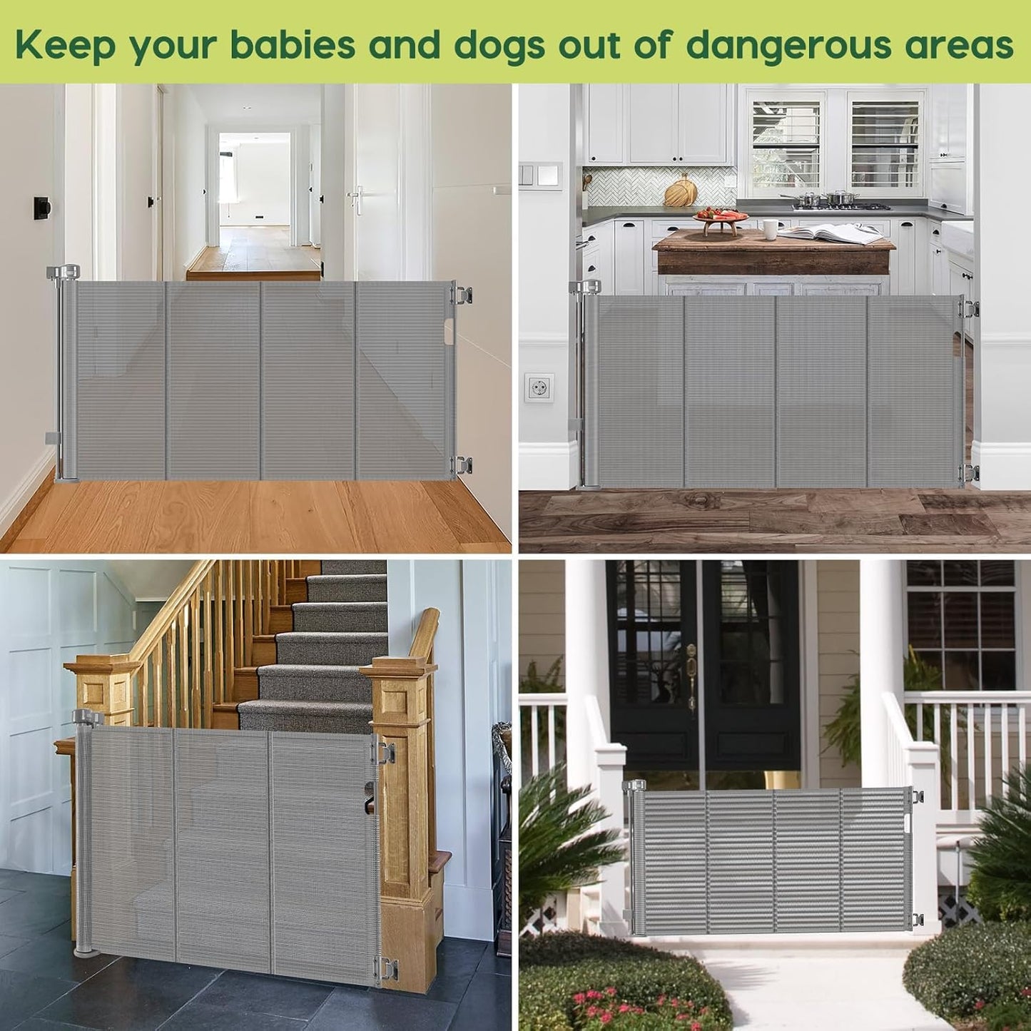 Reinforced 55" Wide Retractable Baby Gates with Reinforced Strips, Indoor/Outdoor Retractable Dog Gate for Doorway Prevent Bottom Drilling Through, No Bottom Bar Safety Mesh Baby Gate for Stair, Black
