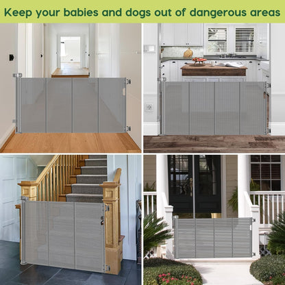 Reinforced 55" Wide Retractable Baby Gates with Reinforced Strips, Indoor/Outdoor Retractable Dog Gate for Doorway Prevent Bottom Drilling Through, No Bottom Bar Safety Mesh Baby Gate for Stair, Black