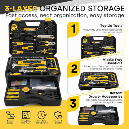 Enventor 419 PCS Home Tool Kit for DIY Repair, Home Maintenance with Drawer | General Home Auto Repair Tool Set Toolbox 3-Layer Organized Storage for Handyman, Homeowner