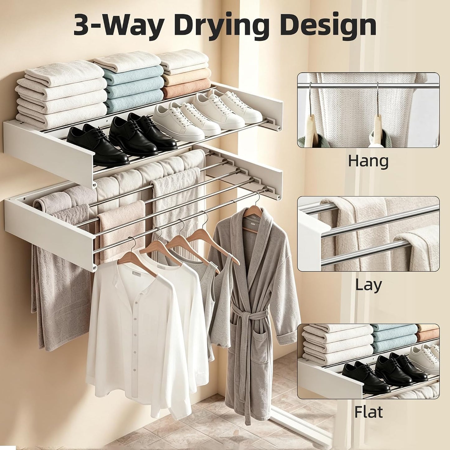 Wall Mounted Clothing Drying Rack 32“ Folds to 1.2” Ultra-Thin Space Saving Clothes Laundry Rack Holds 50 lbs Rust-Resistant Collapsible Space Aluminum for Apartment, RV, Laundry Room, White