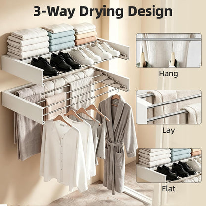 Wall Mounted Clothing Drying Rack 32“ Folds to 1.2” Ultra-Thin Space Saving Clothes Laundry Rack Holds 50 lbs Rust-Resistant Collapsible Space Aluminum for Apartment, RV, Laundry Room, White