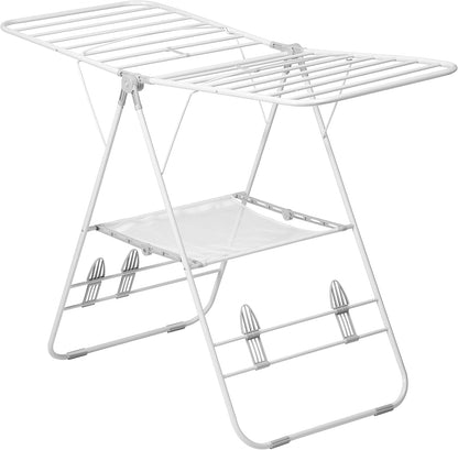 Honey-Can-Do Heavy-Duty Gullwing Clothes Drying Rack, 50 lb, White | Gullwing rack adds 46 ft of drying space with dedicated shoe bars. Sturdy metal, 50 lb capacity, folds flat.