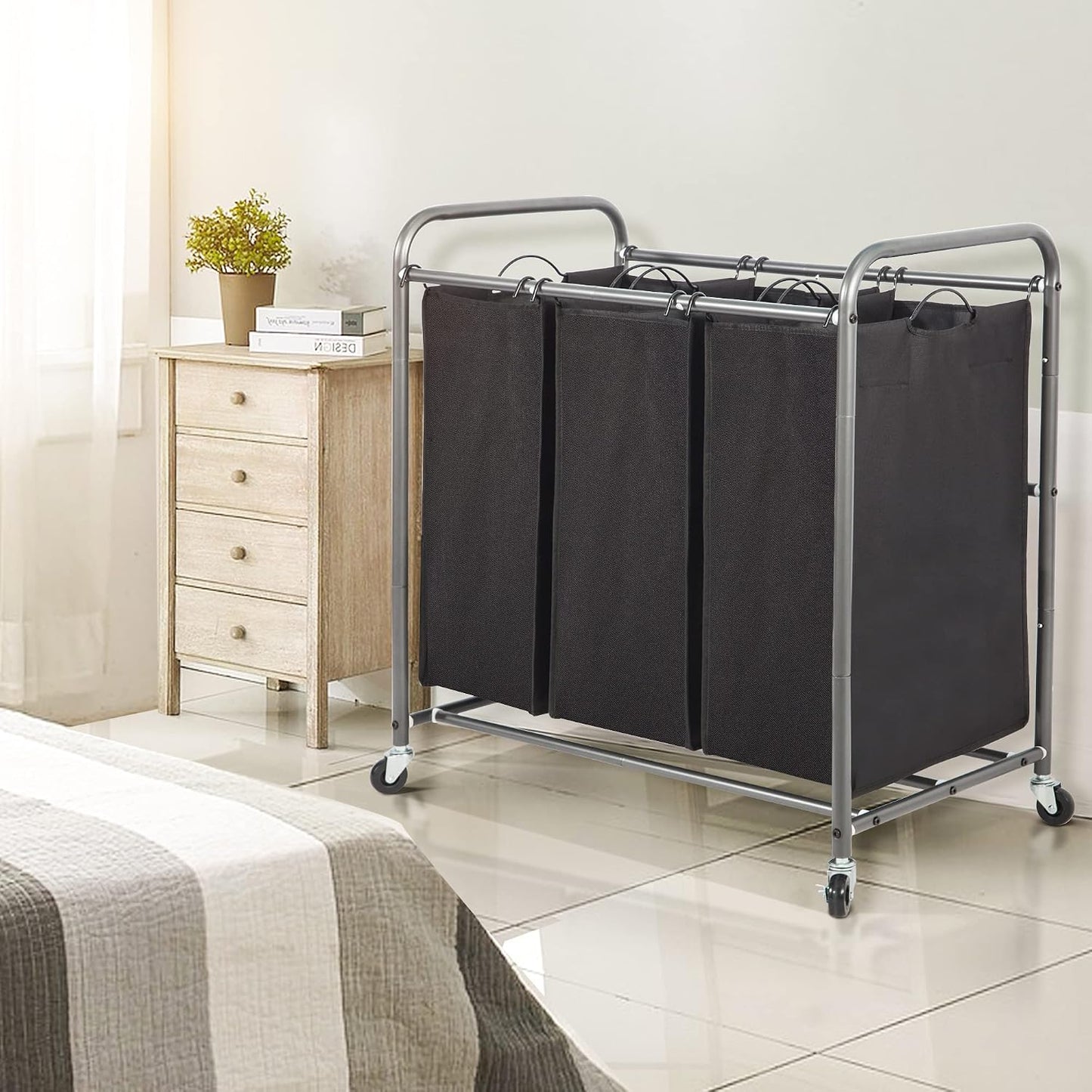 STO STO Laundry Sorter 3 Section, 3 Bag Clothes Hamper, Rolling Laundry Cart Basket with Heavy Duty Lockable Wheels and Removable Bag for Laundry Room, Bedroom, Closet, Gray