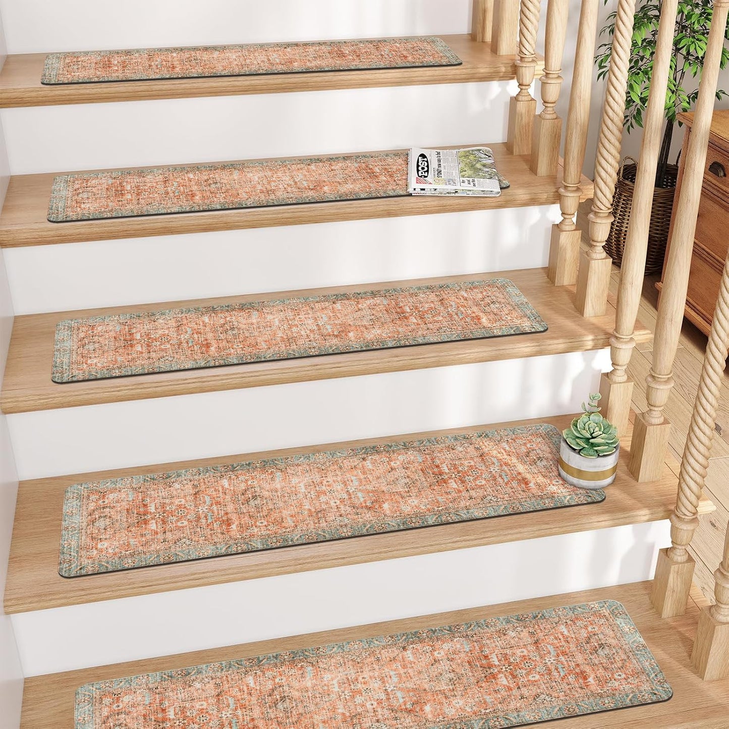 Tiveney Stair Treads Non Slip 15PCS 8"x30" Stair Runner, Rubber Backing Carpet Stair Treads for Wooden Steps, Washable Safety Carpet for Stairs Khaki Indoor Staircase Step Treads for Kids Elder Dogs