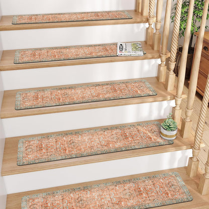 Tiveney Stair Treads Non Slip 15PCS 8"x30" Stair Runner, Rubber Backing Carpet Stair Treads for Wooden Steps, Washable Safety Carpet for Stairs Khaki Indoor Staircase Step Treads for Kids Elder Dogs