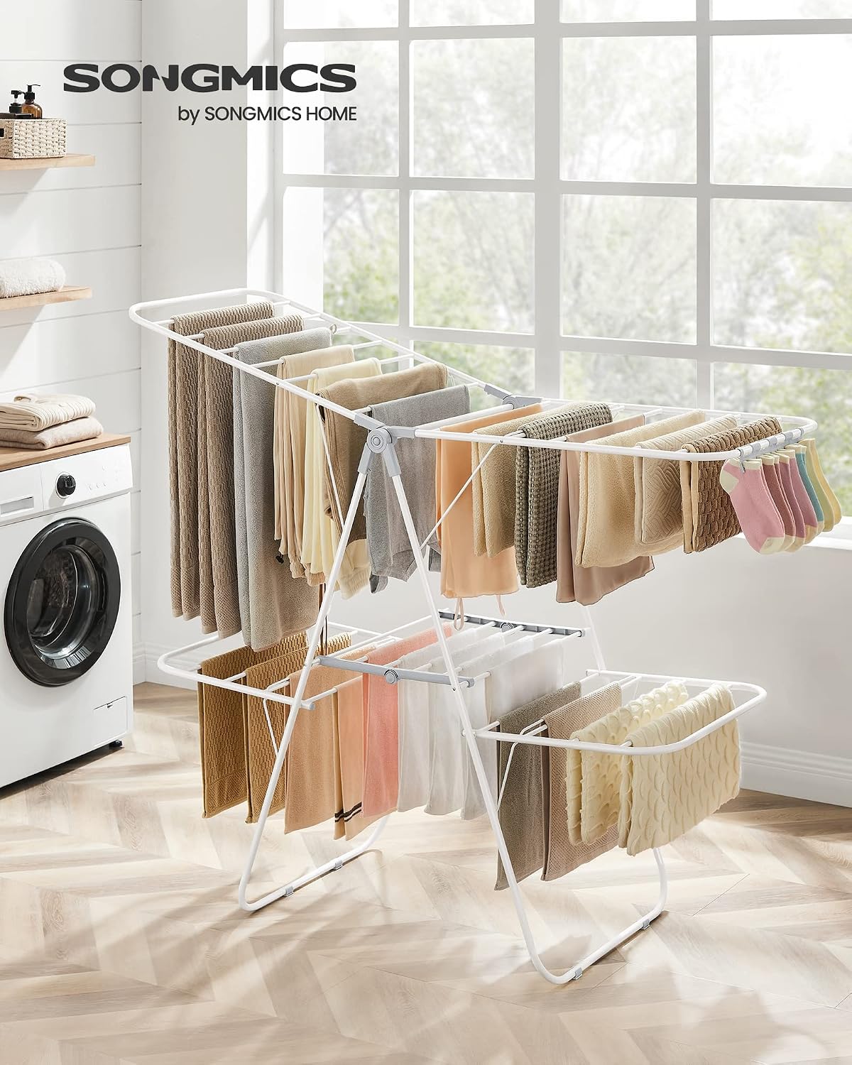 SONGMICS Clothes Drying Rack, with Sock Clips, Metal Laundry Rack, Foldable, Space-Saving, Free-Standing Airer, with 2 Height-Adjustable Gullwings, Indoor Outdoor Use, Gray ULLR052G01