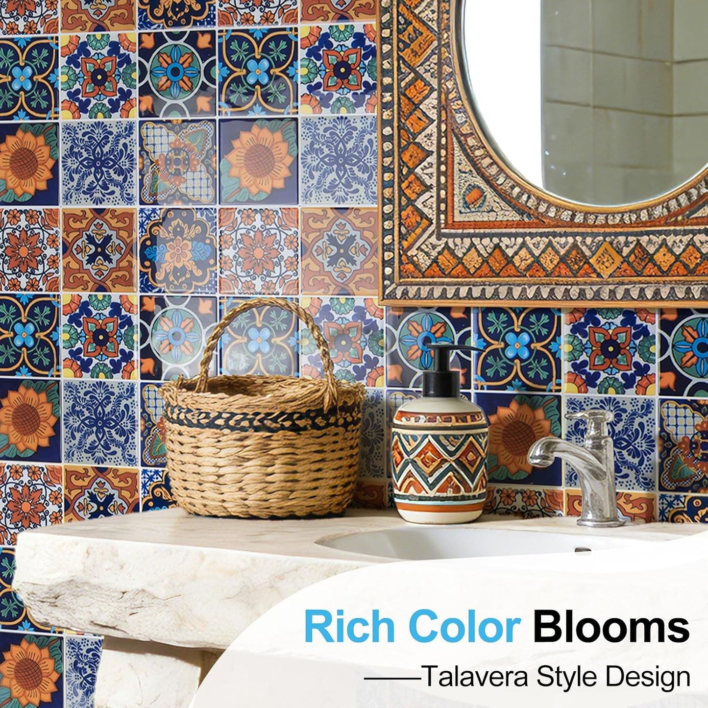 Art3d Talavera Hand-painted Waterproof Peel and Stick Backsplash Tile for Kitchen & Living Room, Sun & Moon Floral Design - 10-Pack of 12 x 12 Inch