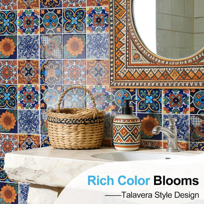 Art3d Talavera Hand-painted Waterproof Peel and Stick Backsplash Tile for Kitchen & Living Room, Sun & Moon Floral Design - 10-Pack of 12 x 12 Inch