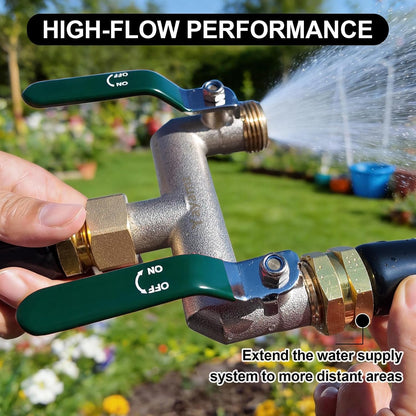 Garden Hose Splitter, 3/4” Rust and Freeze Resistant Outdoor Hose Manifold with 2 green Extra Long Handles Faucet Adapter-Heavy Duty Brass Nickel Plated 2-Way Valve