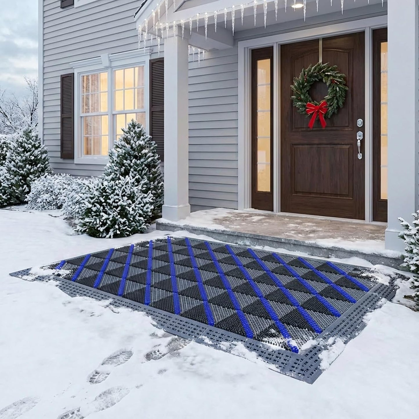 Heavy Duty Outdoor Door Mat with Drainage Holes, All-Weather EVA Boot Scraper Mat, Interlocking Floor Tiles, Non-Slip Waterproof Entrance Mat for Front Door Garage Porch(Gray+Gray,75x150cm)