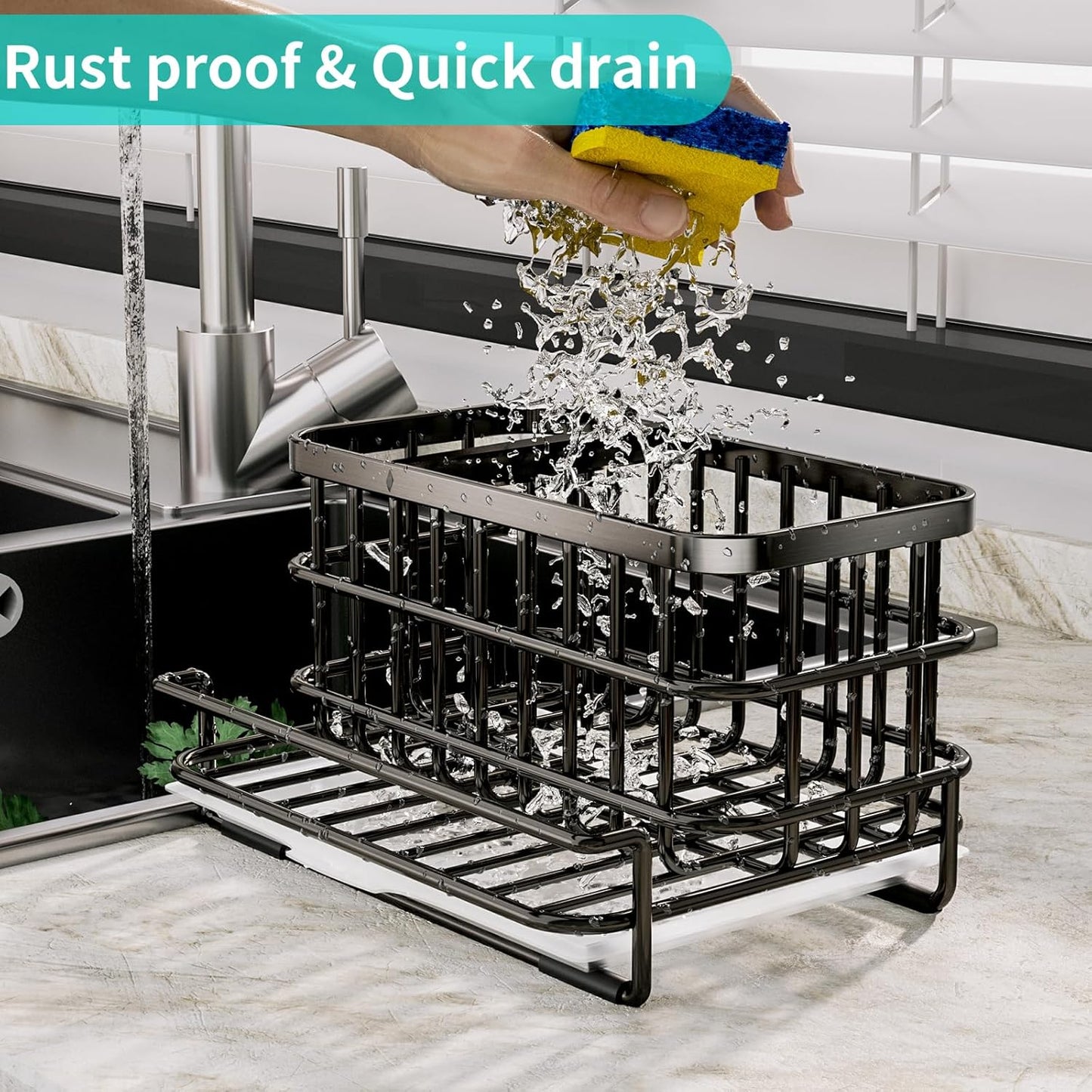 HapiRm Kitchen Sink Organizer, SUS304 Stainless Steel Rustproof Multifunctional Large Sink Caddy with Sponge Holder and Drain Tray for Kitchen Countertop (Silver)