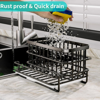 HapiRm Kitchen Sink Organizer, SUS304 Stainless Steel Rustproof Multifunctional Large Sink Caddy with Sponge Holder and Drain Tray for Kitchen Countertop (Silver)