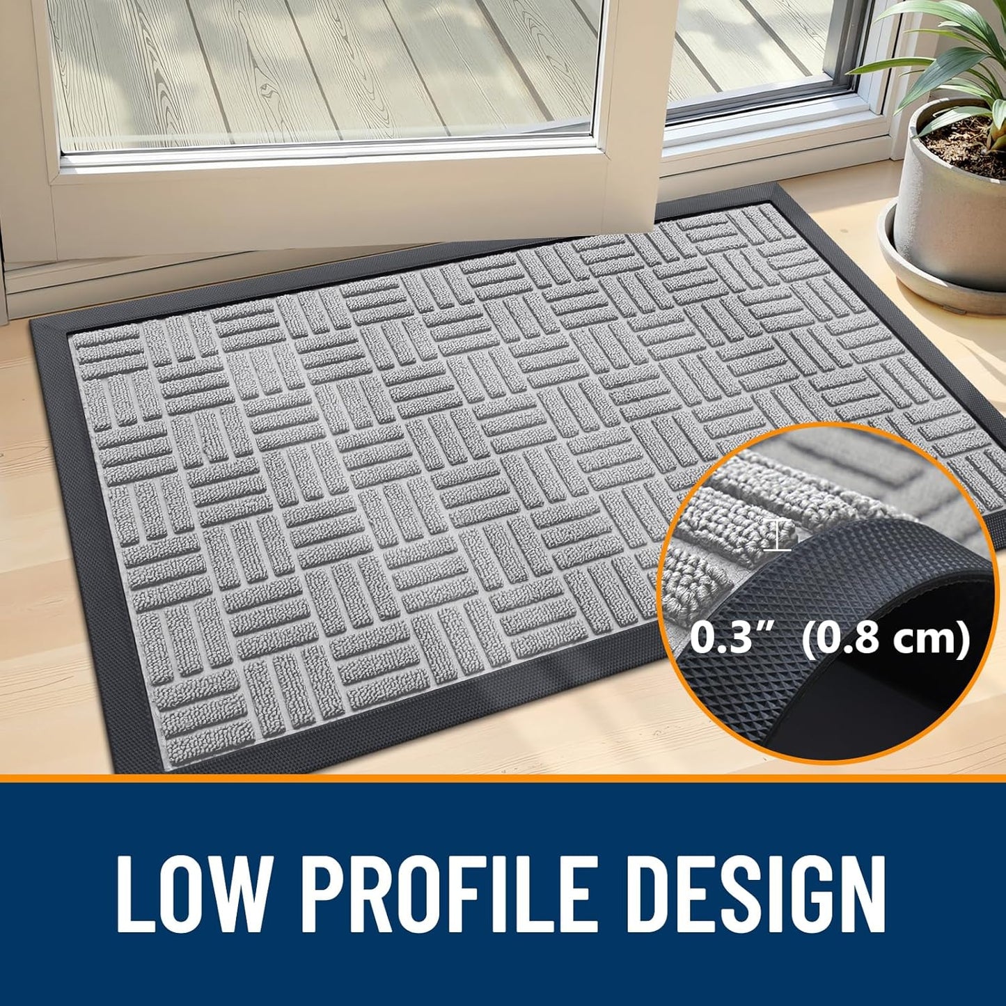 OLANLY Front Door Mat Outside Entrance 29.5x17, Absorbent, Heavy Duty Sturdy Natural Rubber Doormat Indoor Outdoor, Stain and Fade Resistant, Non-Slip Backing Low Profile Floor Mat for Entryway, Grey