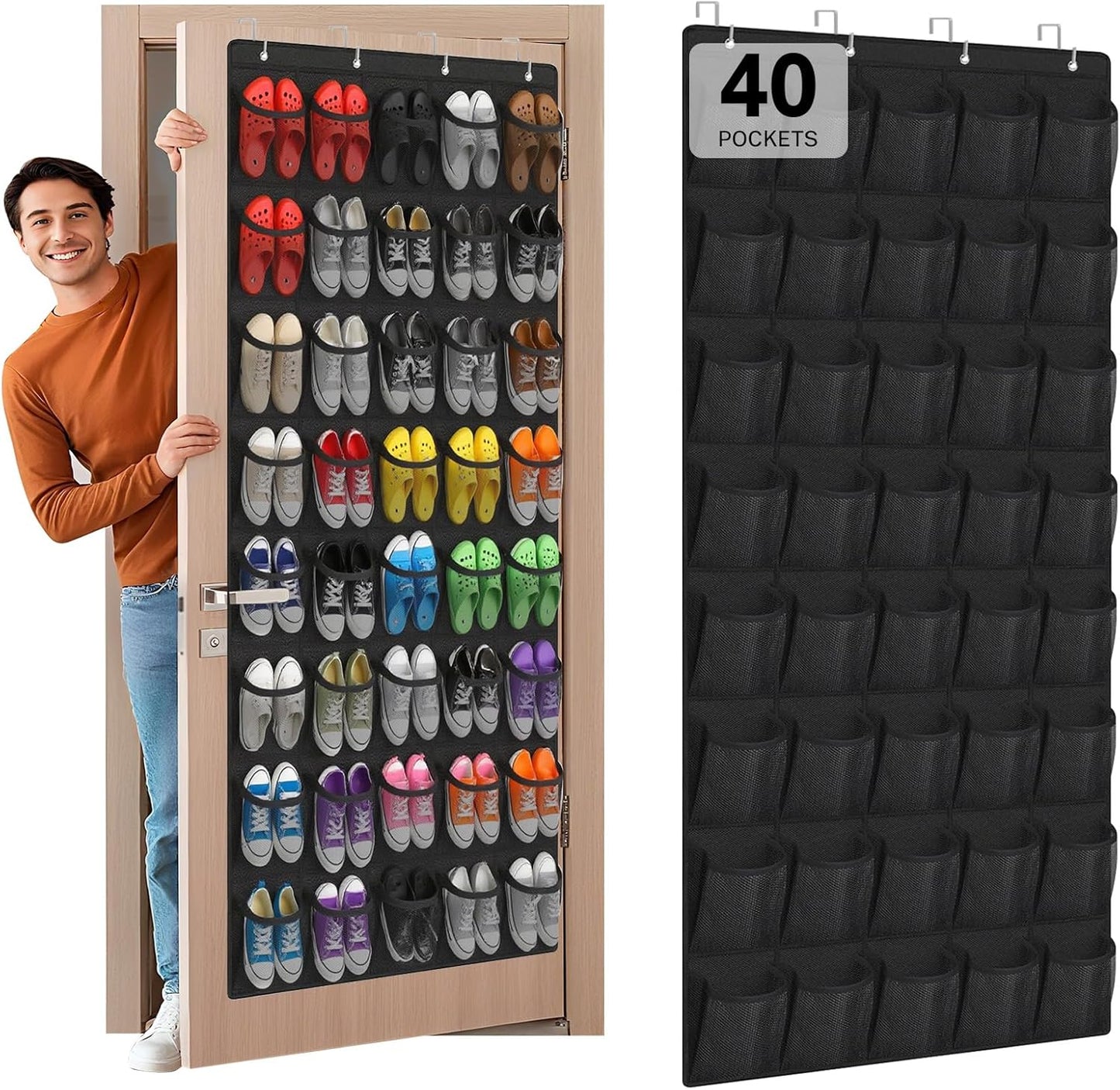 40 Large Mesh Pocket Over the Door Shoe Organizer,Hanging Shoe Rack for Door,Hualleko Shoes Organizer Hanger with Large Capacity, Shoes Storage Holder Sturdy Non-woven Fabric - Stores 20 Pairs (White)