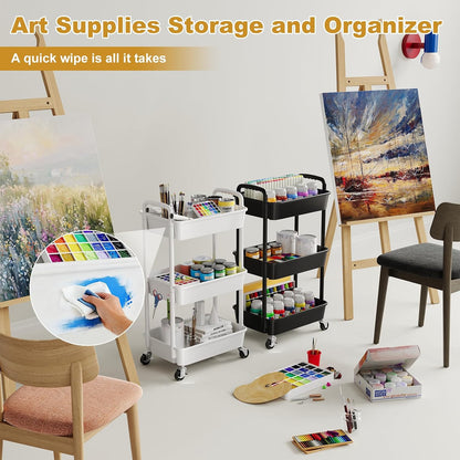 3 Tier Rolling Cart with Wheels, White Plastic Three Tiered Roller Shelf Cart on Lockable Wheels, Small Utility Storage Organzier Carts for Craft, Art, Baby Diaper Caddy, Snack, Dorm, Kitchen,Bathroom