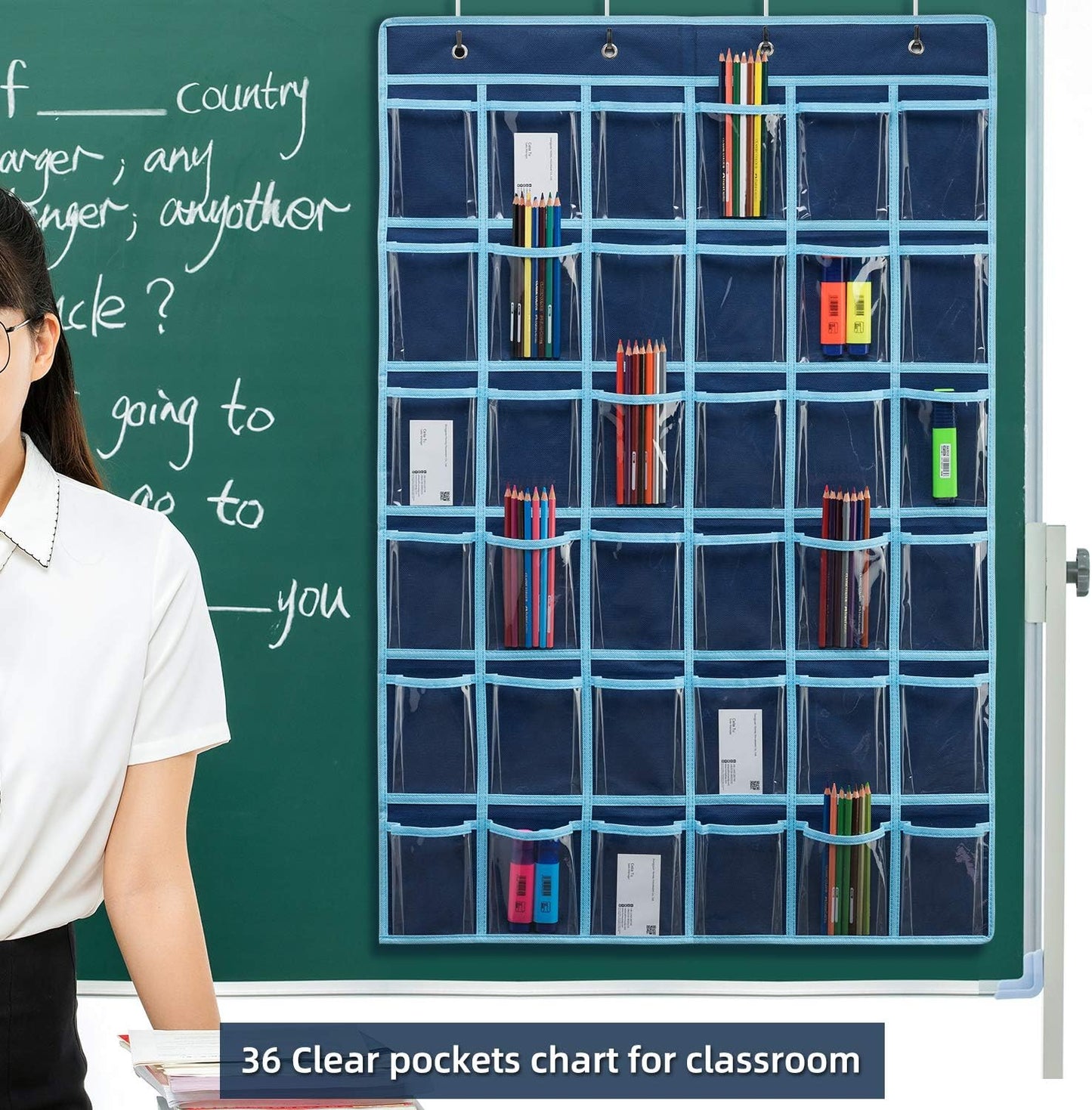SAVERHO 36 Clear Pockets Classroom Pocket Chart for Cell Phone and Calculator Holder, Door Hanging Pocket Chart for Classroom Phone Holder with Number Sticker and Hooks (Blue)