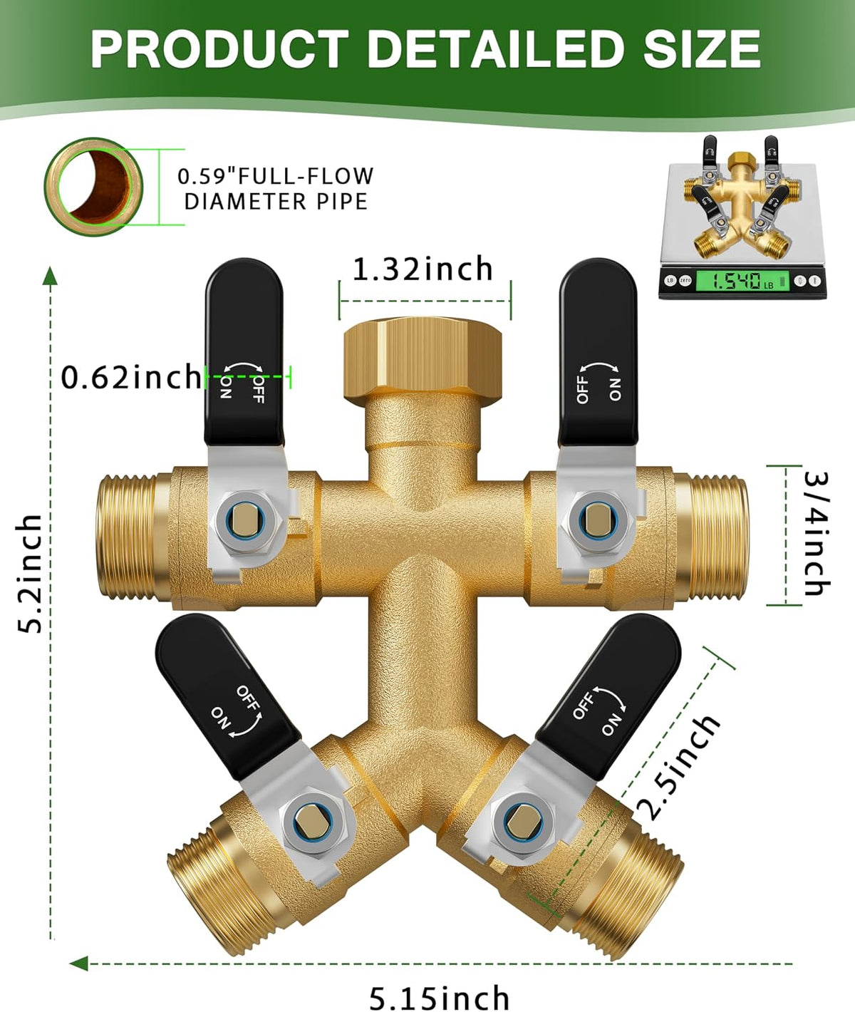 Hose Splitter 2 Way, Heavy Duty Brass Garden Hose Splitter, Water Hose Bib Spigot Splitter with 0.59" Full Flow Ball Valve Outlet & Shut-Off Valve 3/4'' Connector Outdoor Water Faucet Adapter