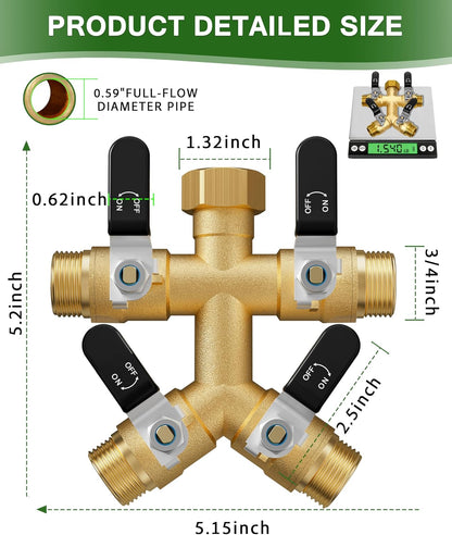 Hose Splitter 2 Way, Heavy Duty Brass Garden Hose Splitter, Water Hose Bib Spigot Splitter with 0.59" Full Flow Ball Valve Outlet & Shut-Off Valve 3/4'' Connector Outdoor Water Faucet Adapter