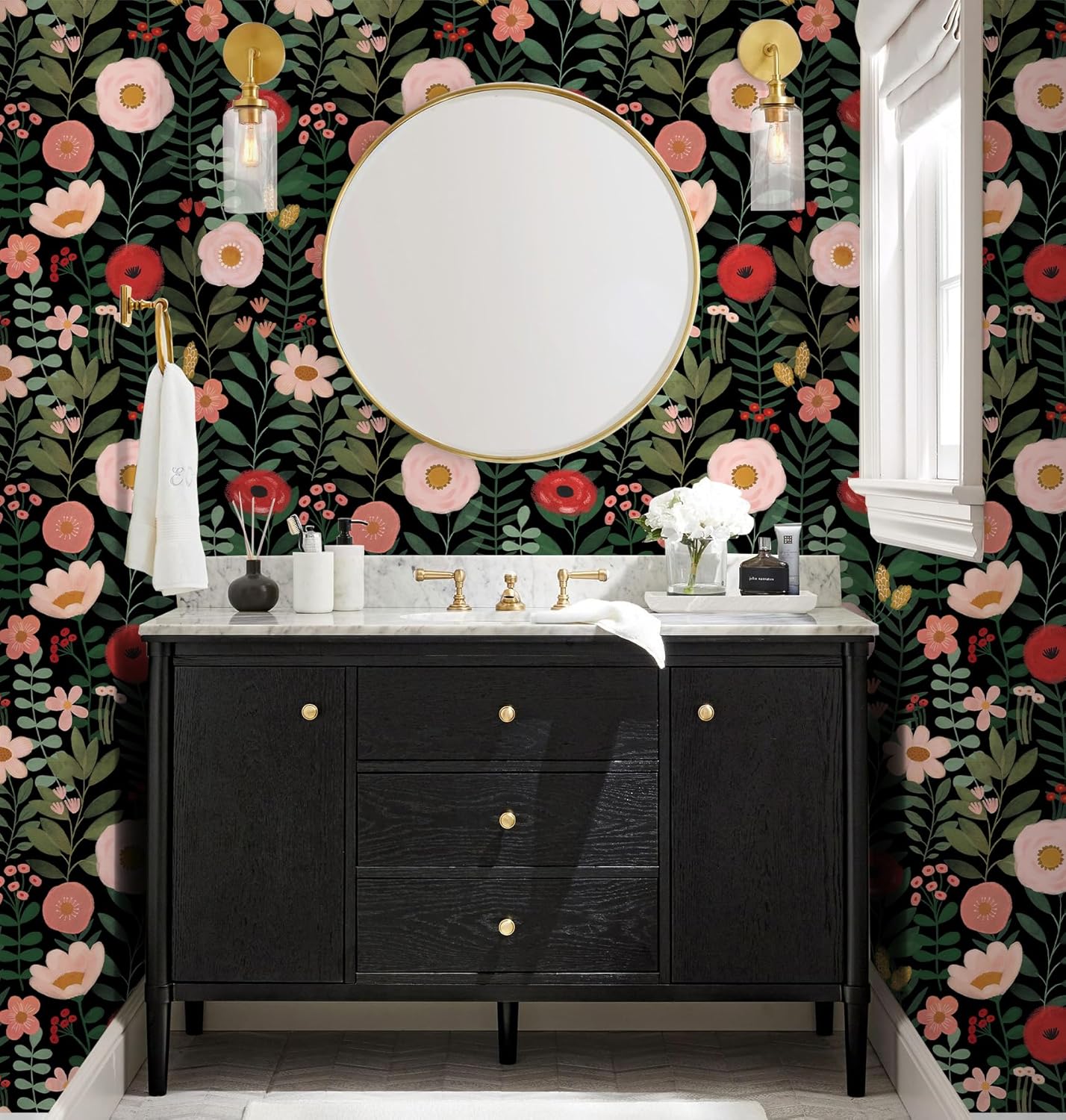 HAOKHOME Floral Peel and Stick Wallpaper Boho Vintage Wall Paper Removable for Bathroom Nursery Beige/Pink/Red Contact Paper 17.3in x 9.8ft