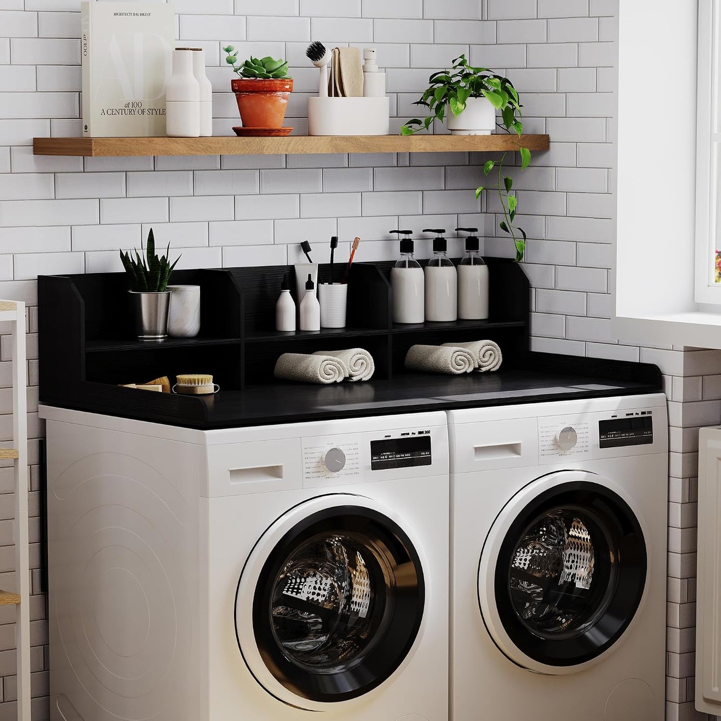 ChooChoo 2-Tier Washer Dryer Countertop with Adjustable Shelf, Spacious Laundry Room Storage for Folding Clothes and Efficient Organization, Walnut